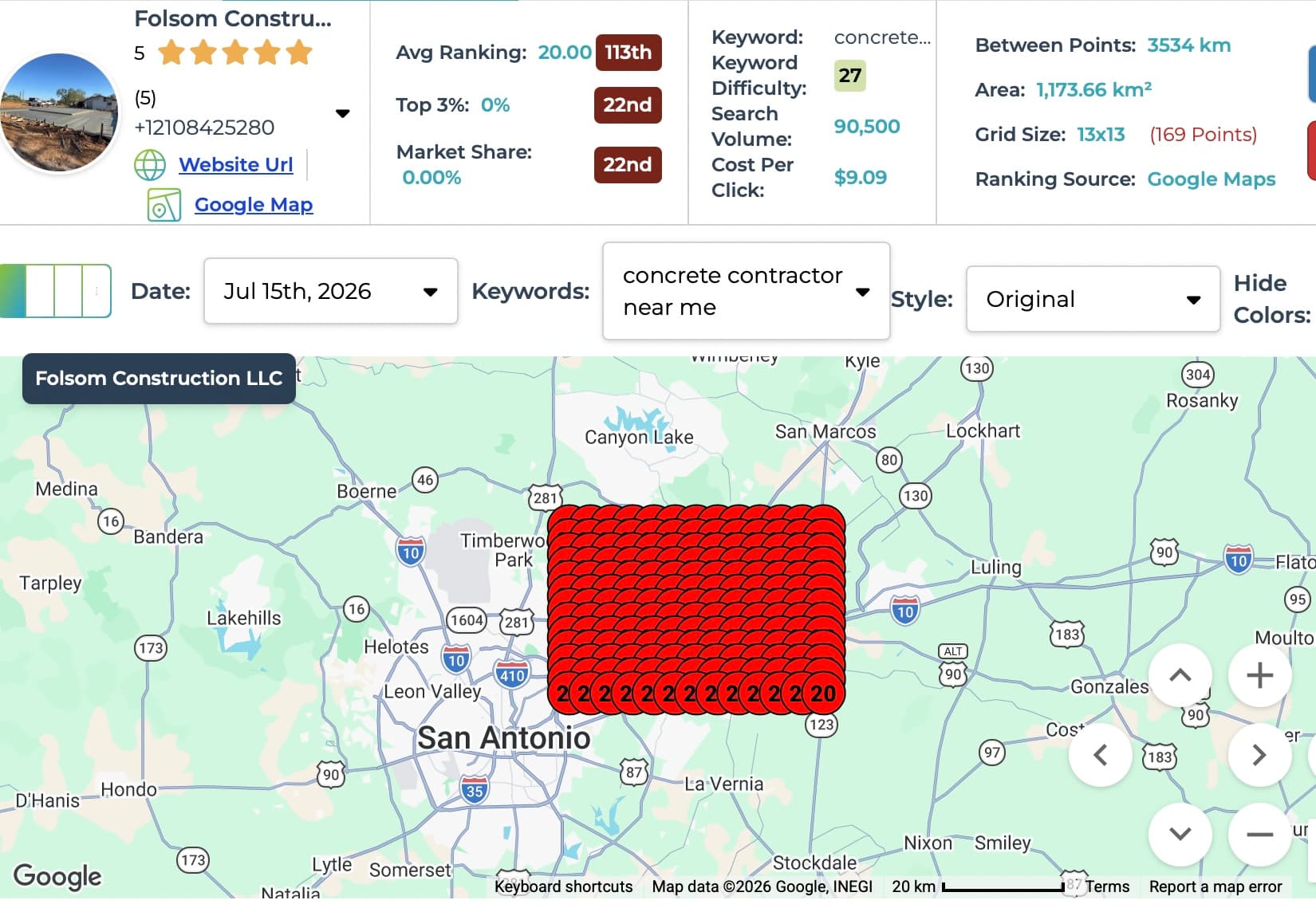 July 15, 2026 grid scan for “concrete contractor near me” northeast of San Antonio. Every point in the 13×13 grid is red and most show a rank of 20, with an average ranking of 20.00 and 0% top-3 coverage.