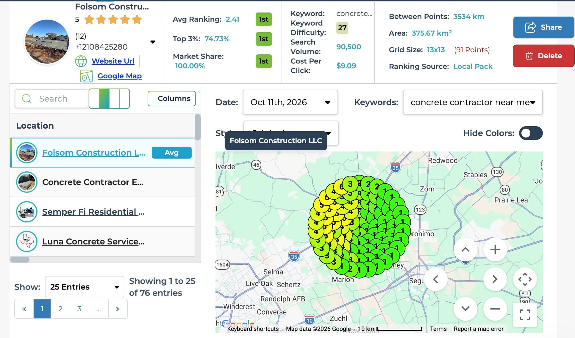 October 11, 2026 grid scan for “concrete contractor near me” north of Marion and east of Schertz. Most points are green showing ranks of 1 to 3, with yellow points showing ranks of 4 to 6 on the western edge. Average ranking 2.41 and 74.73% top-3 coverage.