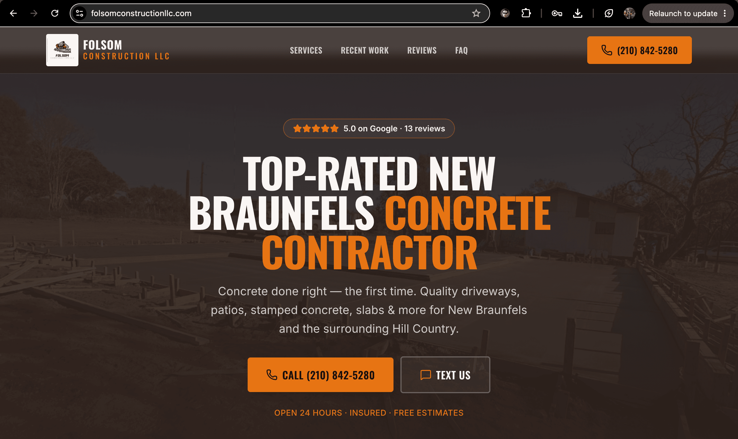Homepage of the Folsom Construction LLC website showing the headline “Top-rated New Braunfels concrete contractor,” a 5.0 Google rating badge, and buttons to call or text the business.